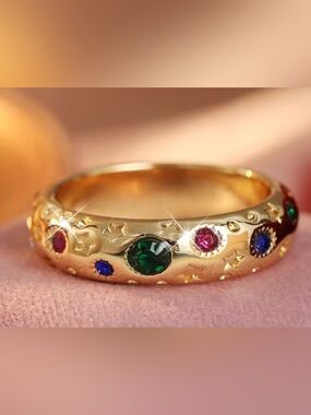 Gold band ring size 8 with celestial engravings and colorful Swarovski crystals